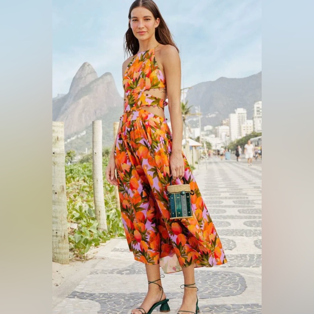 NWT Farm Rio Mango Macaws Midi Dress Sz L